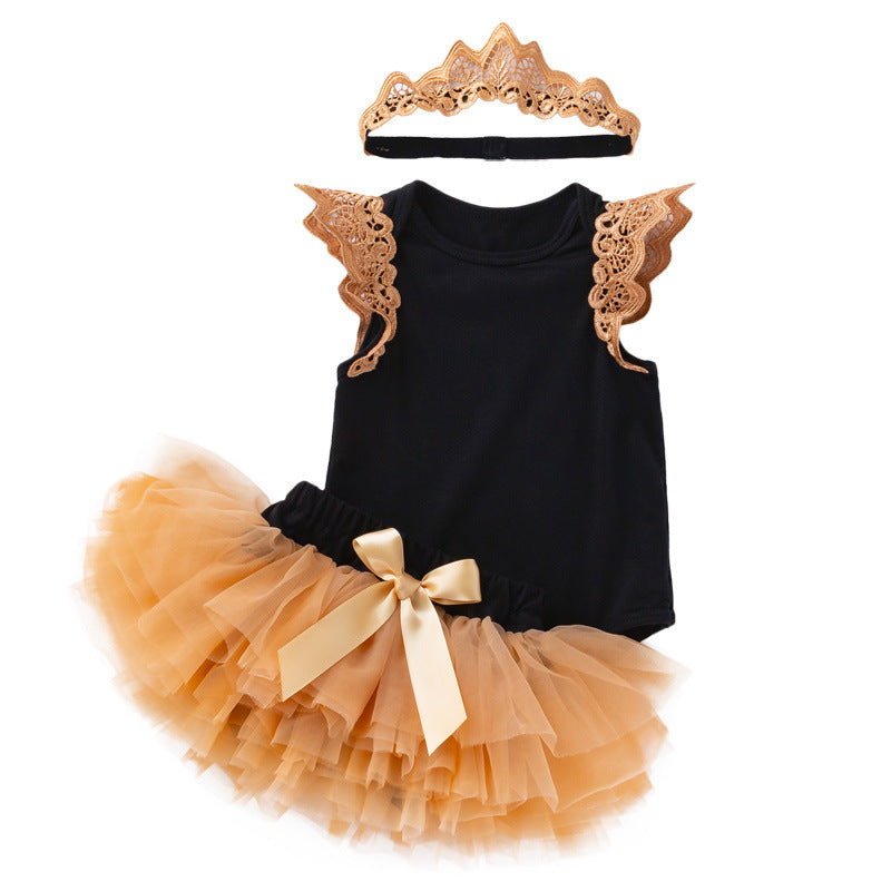 女宝宝02岁婴幼儿无袖翅膀哈衣网纱底裤裙公主裙套装 Girls' 2-Year-Old Sleeveless Winged Romper with Tulle Panties and Princess Dress Set