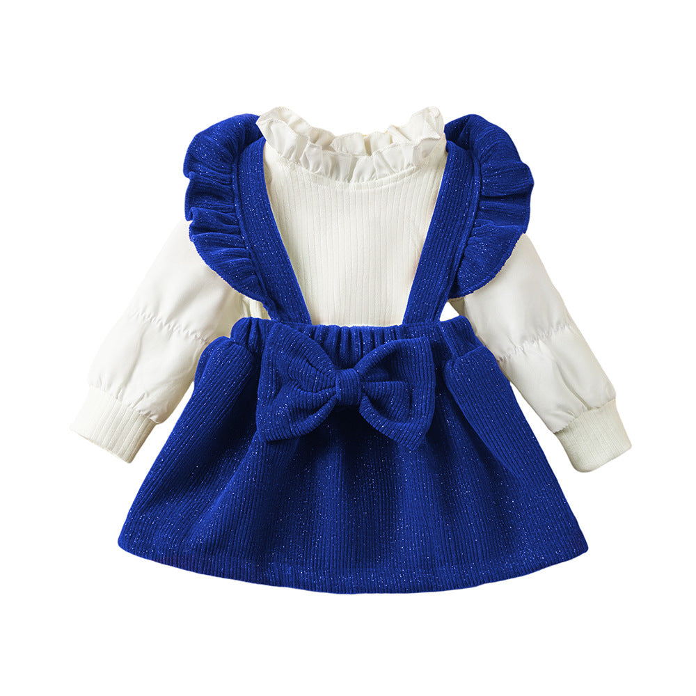 女童套装女宝宝加厚打底衫木耳花边裙子两件套圣诞 Girls' Outfit Set: Baby Girl Thickened Base Layer Top and Ruffle Skirt Two-Piece Set for Christmas