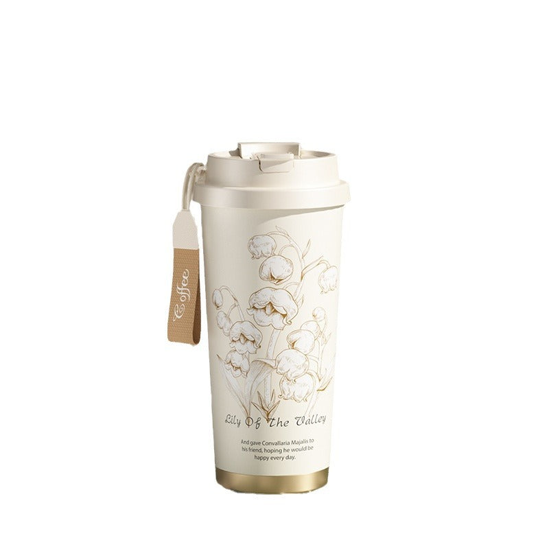 捷安玺铃兰花保温杯咖啡杯女高颜值便携随行杯子吸管水杯Lily of the Valley Insulated Coffee Mug for Women—Stylish, Portable Travel Mug with Straw