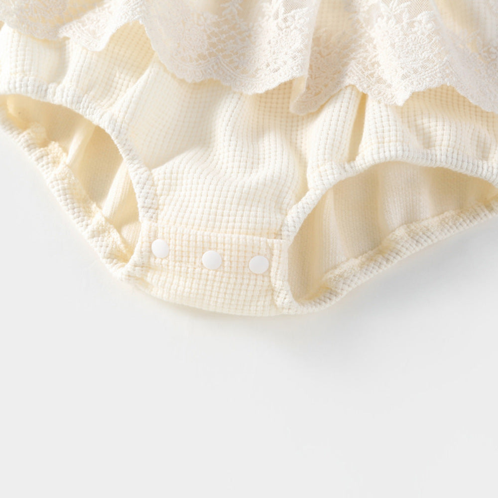 春秋女宝宝蕾丝长袖连体包屁衣花边领华夫格女童哈衣裙 Spring/Fall Girls' Lace Long-Sleeve Rompers with Lace Collar and Waffle-Patterned Dresses
