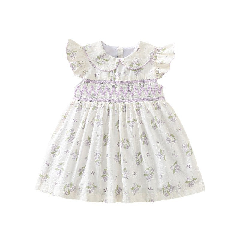 女童打揽刺绣连衣裙夏季飞袖睫毛绣娃娃领棉布公主裙 Girls' Embroidered Summer Dress with Flowy Sleeves, Lash Embroidery, and Peter Pan Collar—Cotton Princess Dress