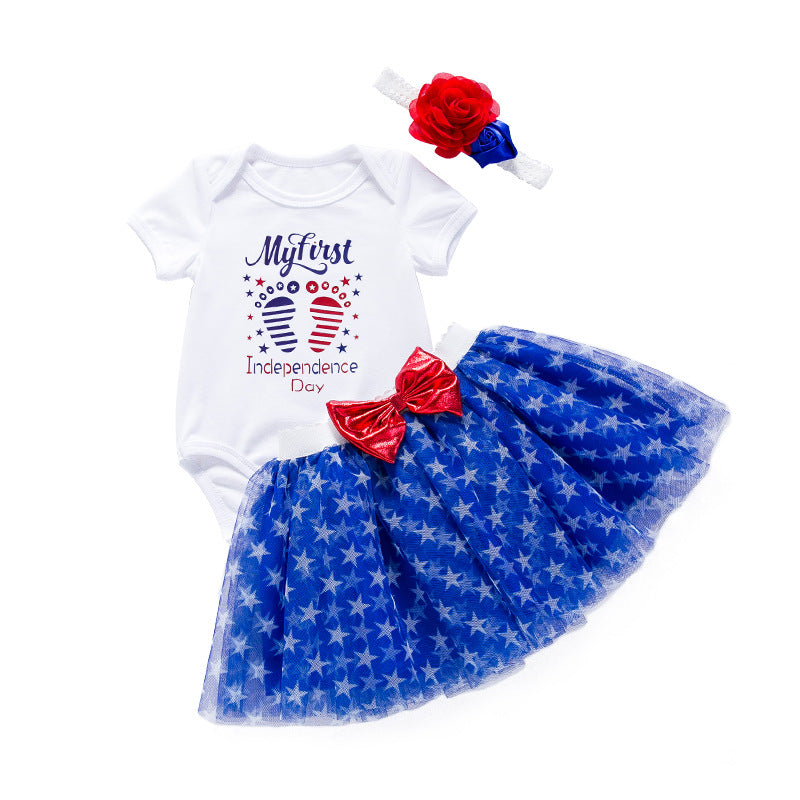 独立日婴儿服饰短袖哈衣蓝色星星半身裙发饰套装Independence Day Baby Outfit: Short-Sleeve Romper, Blue Star Skirt, and Hair Accessory Set