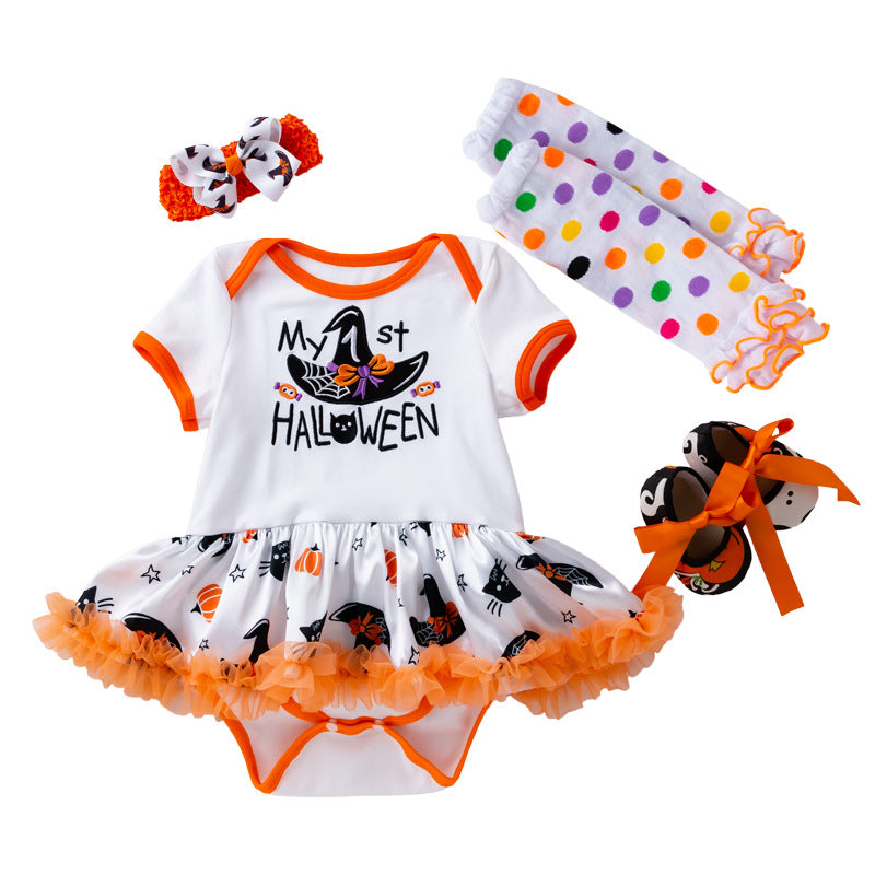 万圣节婴幼儿服饰女宝宝卡通绣花女巫帽短袖公主裙袜套装Halloween Baby and Toddler Outfit: Girls' Cartoon Embroidered Witch Hat, Short-Sleeve Princess Dress, and Socks Set