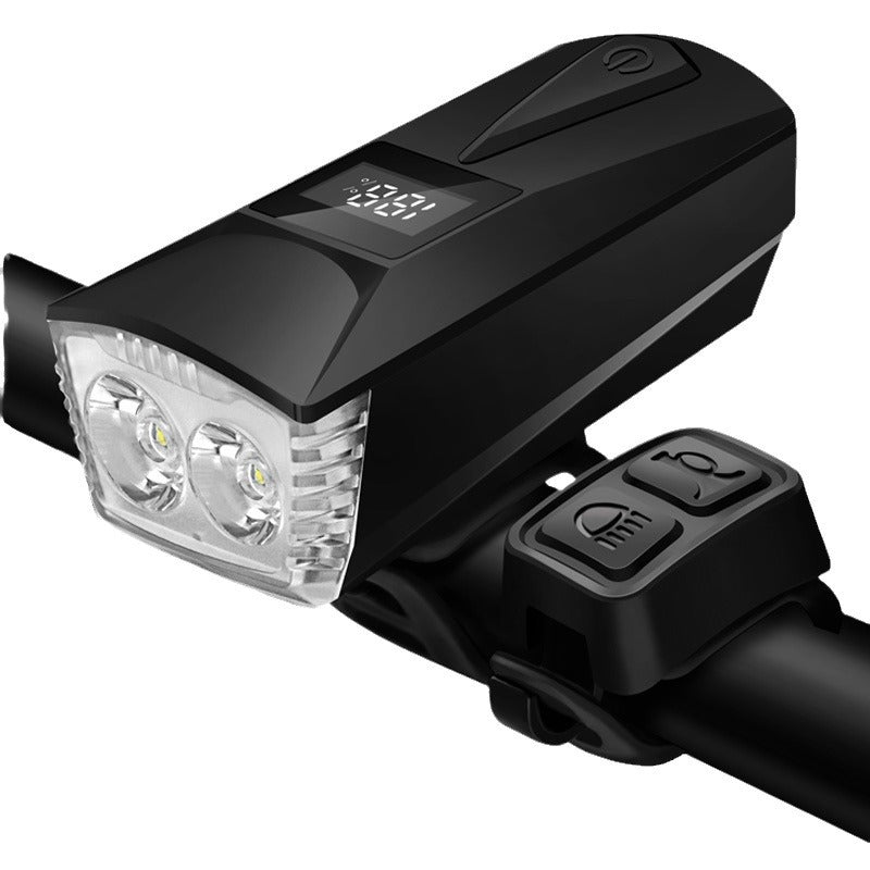 多功能自行车前灯带警鸣与喇叭灯双T6光源数显自行车灯Multifunctional bicycle front light with warning beeper and horn, dual T6 light sources and digital display