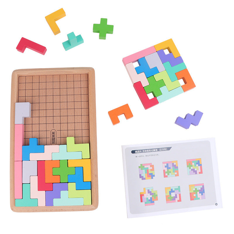 俄罗斯方块玩具积木拼图儿童益智拼装木质拼板男孩女孩思维拓展Tetris-themed toy building blocks, jigsaw puzzles, children’s educational construction sets, wooden building blocks – for boys and girls to develop their thinking skills