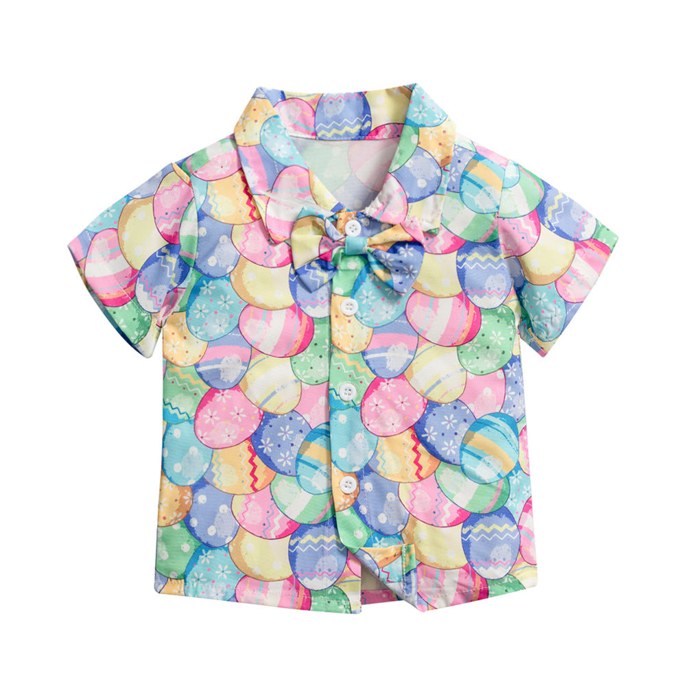 男宝宝童装批发复活节彩蛋节日男童短袖短裤多件套Wholesale Boys' Clothing: Easter Egg-Themed Festive Short-Sleeve Shirts and Shorts Sets