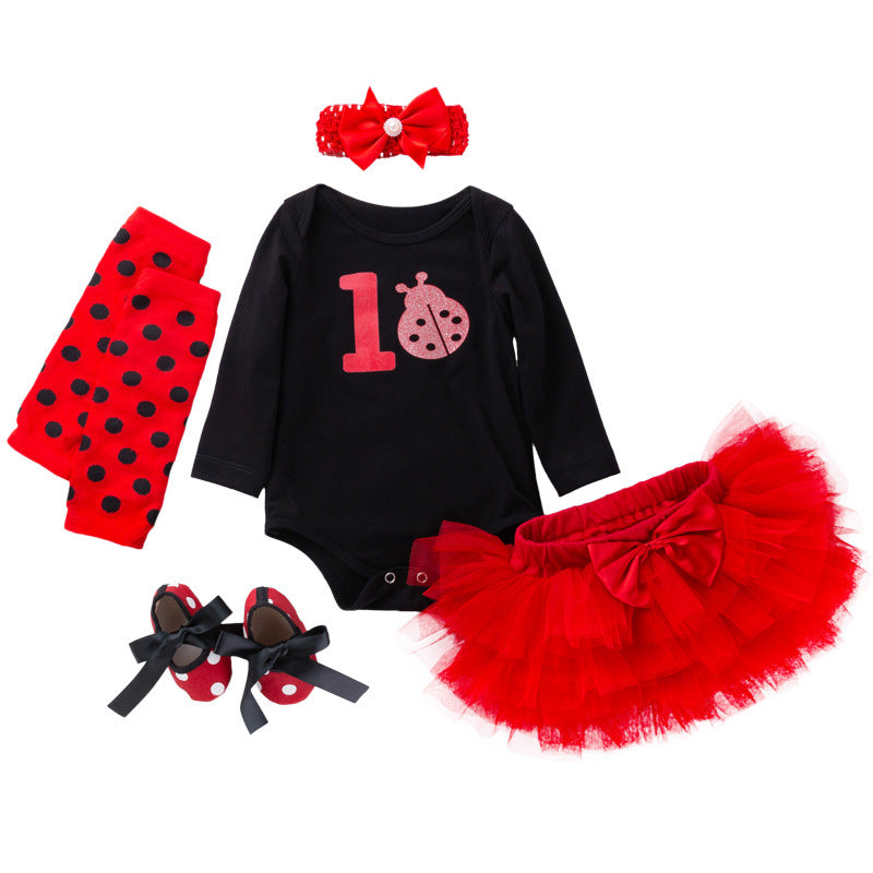 母亲节女宝宝童套装爱心长袖哈衣节日款公主裙5件套Mother's Day 5-Piece Outfit Set for Baby Girls: Heart-Print Long-Sleeve Onesie and Holiday-Themed Princess Dress