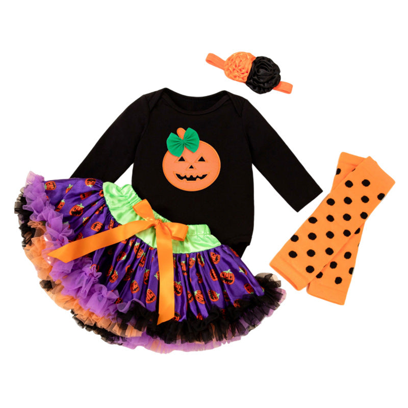 万圣节婴儿服饰女宝宝卡通南瓜长袖哈衣公主裙套装Halloween Baby Outfit for Girls: Cartoon Pumpkin Long-Sleeve Onesie and Princess Dress Set