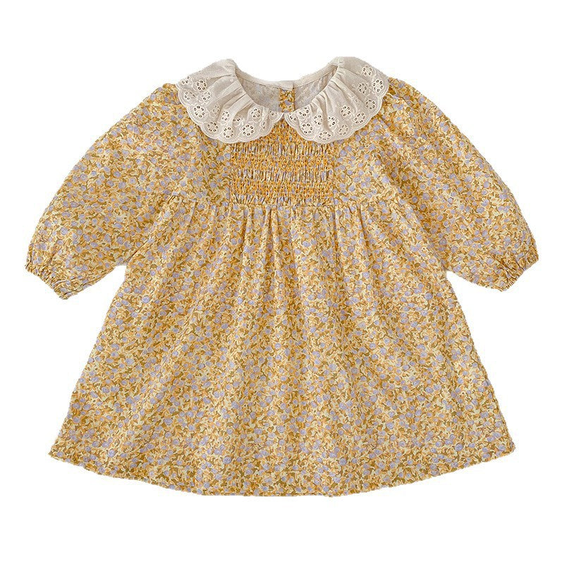 女童姐妹装春季儿童花边领碎花打揽公主裙女宝宝长袖裙Girls' Matching Outfits: Spring Children's Lace-Collar Floral Princess Dress, Long-Sleeve Dress for Baby Girls