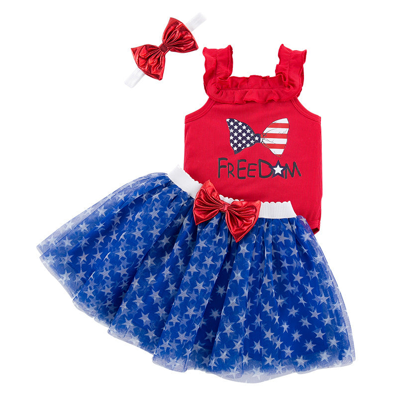 童装独立日宝宝服饰荷叶花边吊带哈衣蝴蝶结星星半身裙派对服Independence Day Baby Outfits—Ruffled Strapless Rompers, Bow-Adorned Star-Printed Skirts, Party Dresses