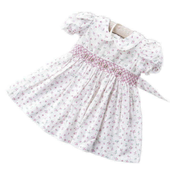 女童手工打揽娃娃领泡泡袖碎花刺绣法式田园连衣裙 Girls' Handmade Ruffled Collar, Puffed Sleeves, Floral Print, Embroidered French Country-Style Dress