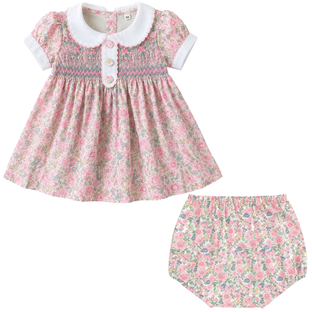 粉色打揽碎花泡泡袖娃娃领甜美女童短袖连衣裙 Pink Ruffled Floral Print Short-Sleeve Dress with Puffed Sleeves and Peter Pan Collar for Cute Little Girls