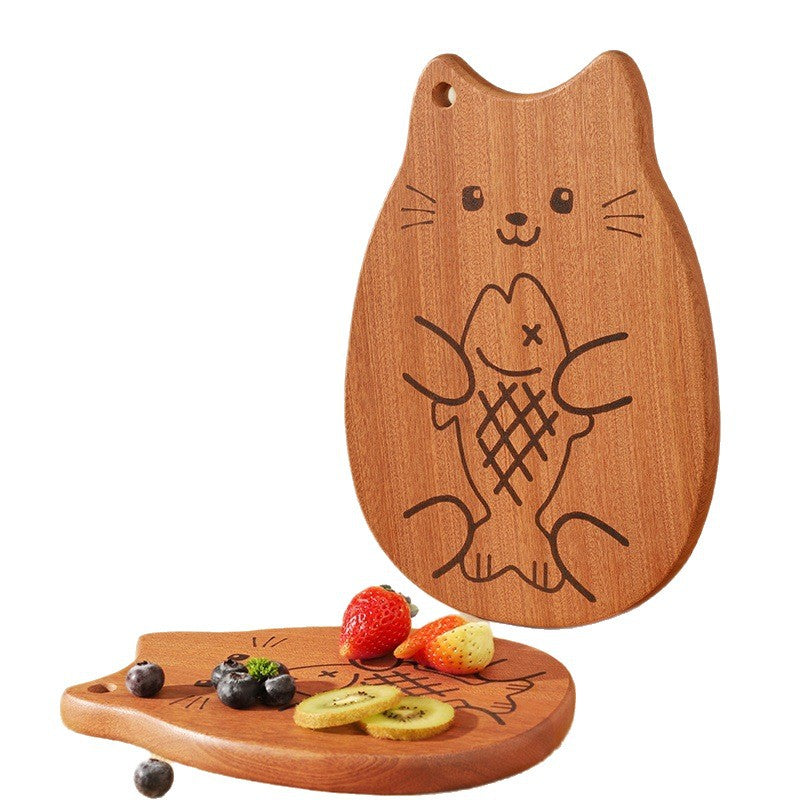 家逸馋嘴猫料理板(小号）KAYI Cutting Board Ebony Chopping Board Serving Board Portable Cute Kitten Shaped Design Board Solid Wood Small Size