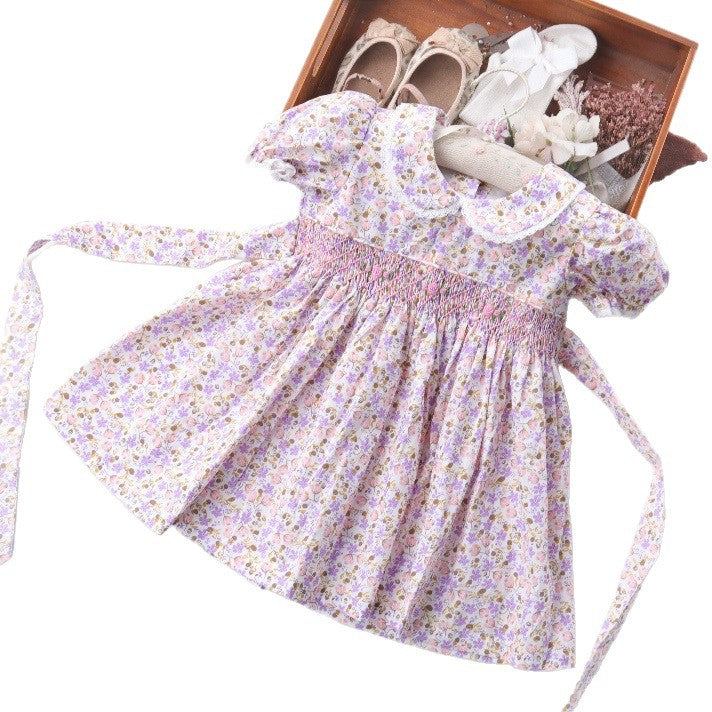 手工打揽碎花刺绣娃娃领女童短袖连衣裙田园清新公主裙Hand-Embroidered Floral Doll-Collar Girls' Short-Sleeve Dress: A Fresh, Rustic Princess Dress