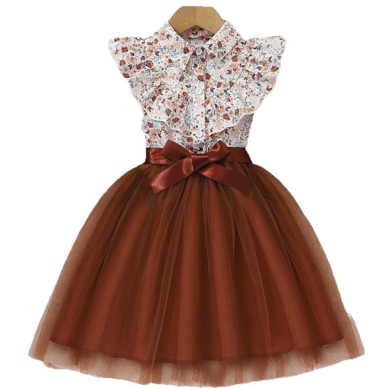 女童无袖翻领花卉印花网纱连衣裙含织腰带女孩公主裙Girls' Sleeveless Collared Floral-Print Tulle Dress with Woven Belt—Princess Dress for Girls