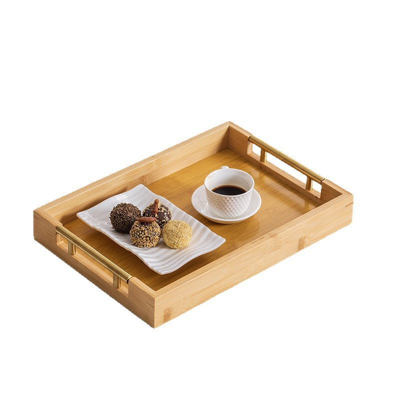 轻奢复古波浪金属提手茶盘家用竹制托盘茶杯酒店中式面包糕点盘Affordable luxury vintage-style wavy metal-handled tea tray; bamboo serving tray for home use; teacup; hotel-style Chinese-style bread and pastry tray