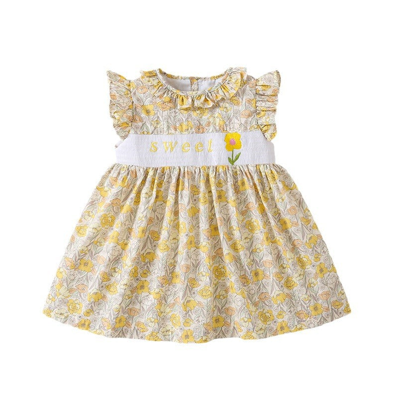 女童连衣裙雏菊刺绣田园复古打揽碎花小飞袖公主裙清新 Girls' Dress: Daisy Embroidery, Rustic Vintage Style, Ruffled Floral Print, Cap Sleeves, Princess-Style, Fresh and Charming