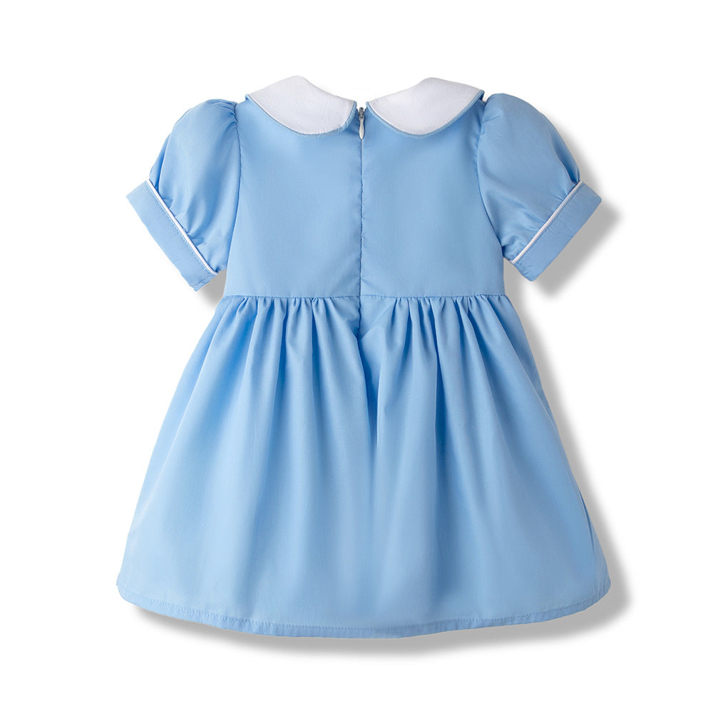 Christmas女童连衣裙短袖娃娃领可爱圣诞老人刺绣打揽公主裙‌Christmas Girls' Dress: Short-Sleeve Peter Pan Collar with Cute Santa Claus Embroidery and Flared Princess Skirt‌