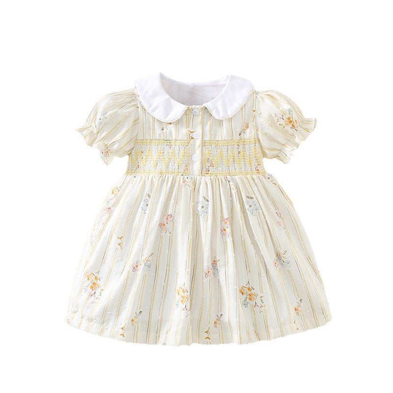 女童短袖打揽连衣裙夏季娃娃领花苞袖公主童裙 Girls' Short-Sleeve Ruched Dress, Summer Peter Pan Collar, Puff Sleeves, Princess Style