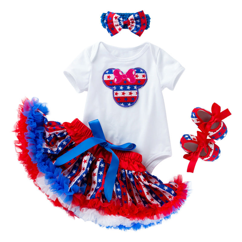 独立婴儿套装白色卡通小童短袖哈衣星星蓬蓬裙 White Cartoon-Printed Short-Sleeve Onesie and Star-Printed Puffy Skirt Set for Babies