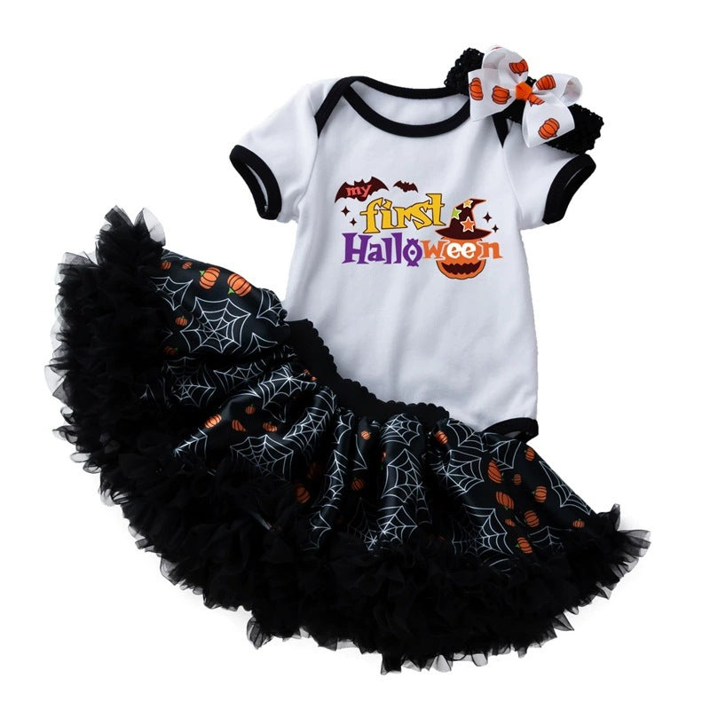 万圣节主题宝宝派对礼服短袖哈衣半身裙发饰3件婴儿套装Halloween-Themed Baby Party Outfit: Short-Sleeve Onesie, Skirt, and Hair Accessory—3-Piece Baby Set