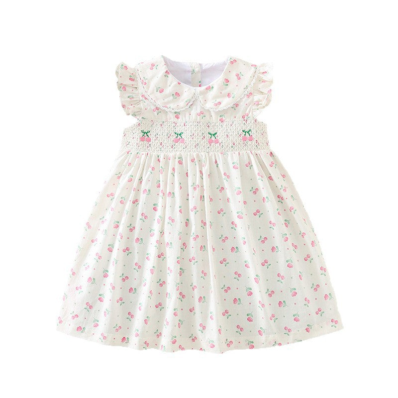 女童飞袖甜美打揽裙樱桃绣花可爱娃娃领刺绣连衣裙Girls' Sweet Flare-Sleeve Cherry-Embroidered Dress with a Cute Peter Pan Collar