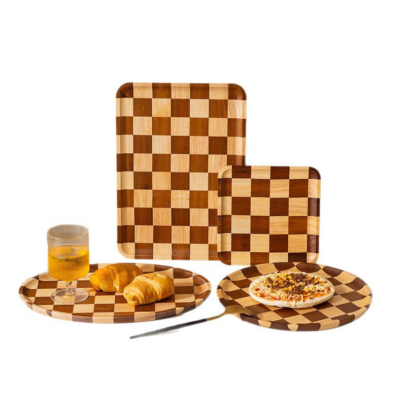 新款棋盘格木质托盘家用轻奢甜品面包西餐盘相思木质茶盘批发New Checkered Wooden Trays: Light Luxury Dessert, Bread and Western-Style Dinner Plates for Home Use; Acacia Wooden Tea Trays – Wholesale