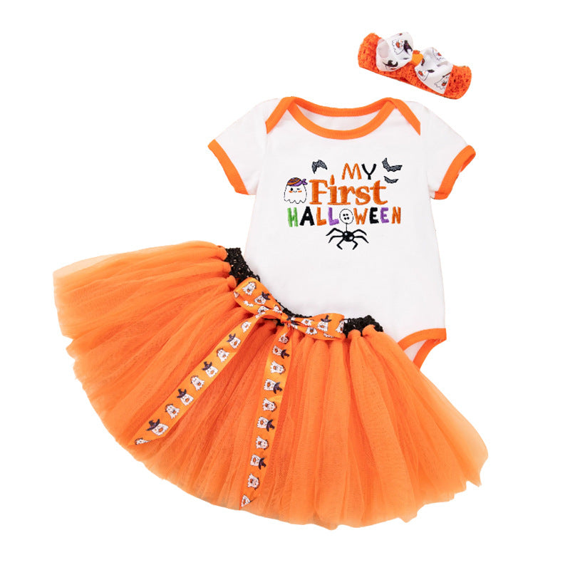 Halloween Costume: 100% Cotton Short-Sleeve Embroidered Witch Hat, Pumpkin Onesie, and Bow Handmade Skirt SetHalloween Costume: Short-Sleeve Embroidered Witch Hat, Pumpkin Onesie, and Bow Handmade Skirt Set