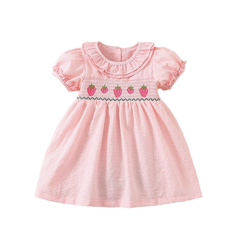 女童夏季打揽娃娃领草莓刺绣泡泡袖公主裙韩系格子连衣裙 Girls' Summer Dresses: Doll-Collar Strawberry-Embroidered Puff-Sleeve Princess Dress, Korean-Style Checkered Dress