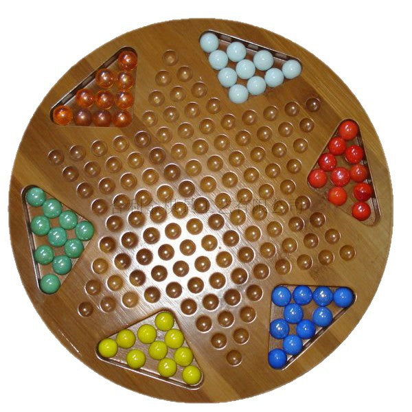 品质款传统毛竹木制六角跳棋游戏棋 玻璃木珠仿红木布袋六角跳棋High-quality, traditional bamboo hexagonal checkers set with glass and wooden pieces, in a rosewood-effect cloth bag