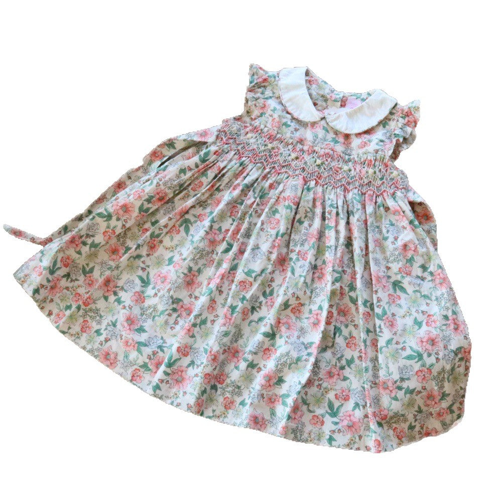 女童娃娃领无袖碎花连衣裙手工打揽刺绣田园小清新休闲Girls' Sleeveless Floral Print Dress with Peter Pan Collar, Hand-Embroidered, Rustic, Fresh, and Casual
