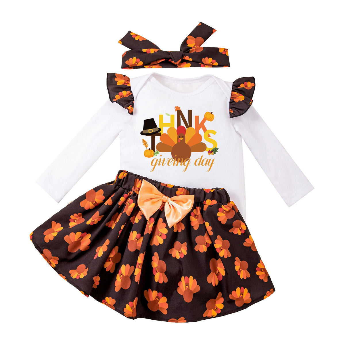 感恩节宝宝派对礼服飞袖哈衣色丁火鸡半身裙套装Thanksgiving Baby Party Dress: Ruffle-Sleeve Rompers with Satin Turkey Skirt Set