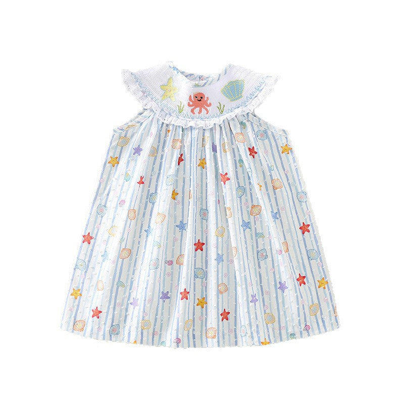 女童夏季棉布打揽连衣裙海星贝壳刺绣公主裙飞飞袖童裙 Girls' Summer Cotton Ruffle Dress with Starfish and Seashell Embroidery, Princess-Style Dress with Flowy Sleeves