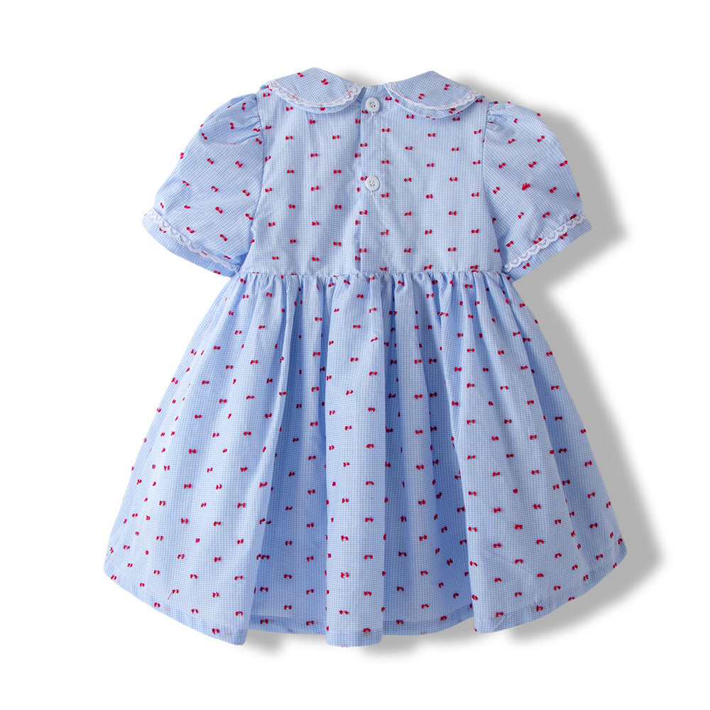 女童连衣裙短袖童裙打揽裙子彩点棉布花边领可爱公主裙 Girls' Dress, Short-Sleeve, Flared, Polka-Dot Cotton, Lace Collar, Cute Princess Dress