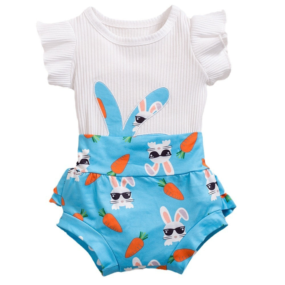 复活节女宝宝飞袖哈衣+短裤+头花多件套 Easter Baby Girl Set: Ruffled Romper + Shorts + Hair Clip