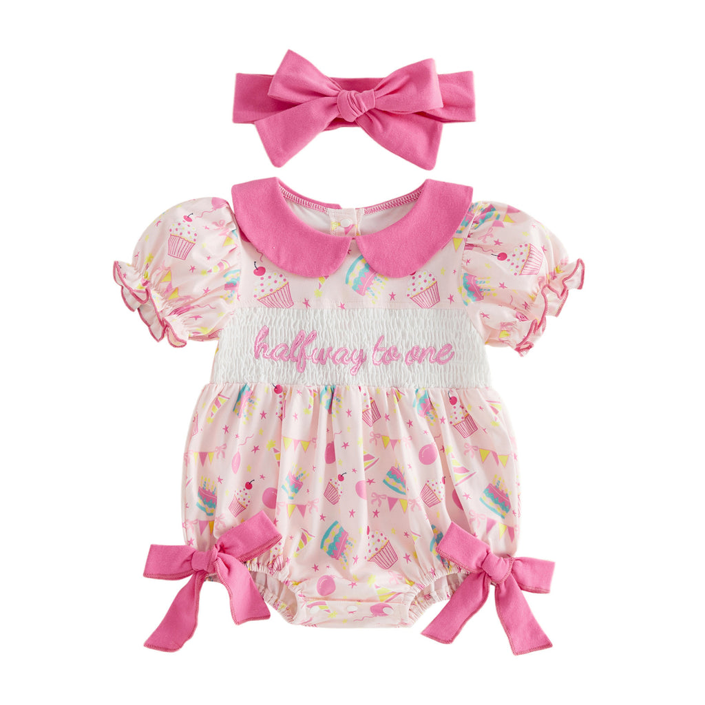 婴幼儿女童短袖头花连体哈衣套装娃娃领刺绣包屁衣 Short-Sleeve Ruffle-Trimmed One-Piece Romper Set for Infant and Toddler Girls with Peter Pan Collar and Embroidered Romper