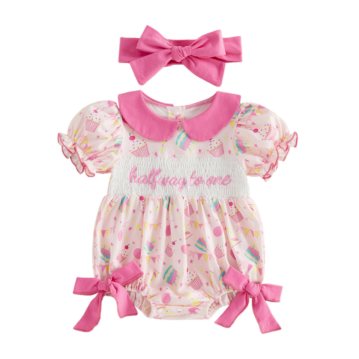 婴幼儿女童短袖头花连体哈衣套装娃娃领刺绣包屁衣 Short-Sleeve Ruffle-Trimmed One-Piece Romper Set for Infant and Toddler Girls with Peter Pan Collar and Embroidered Romper