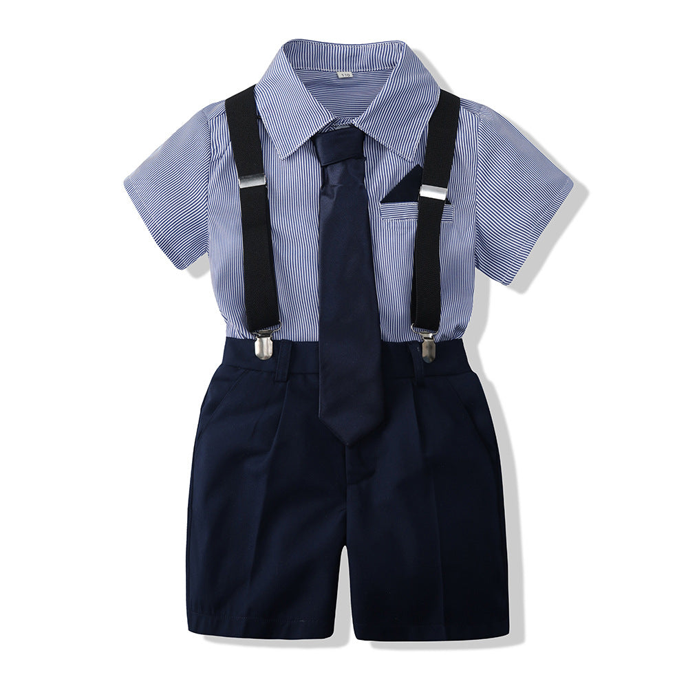 学院风兄妹装开衫正装男女童条纹短袖衬衣演出服毕业校服