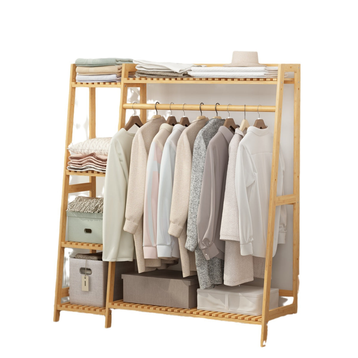 楠竹衣帽架落地简易挂衣架家用晾衣服神器置物架子衣帽间多功能柜Nan Zhu Coat Rack – Floor-Standing Simple Coat Hanger, Household Clothes-Drying Essential, Storage Rack, Walk-in Wardrobe, Multifunctional Cabinet