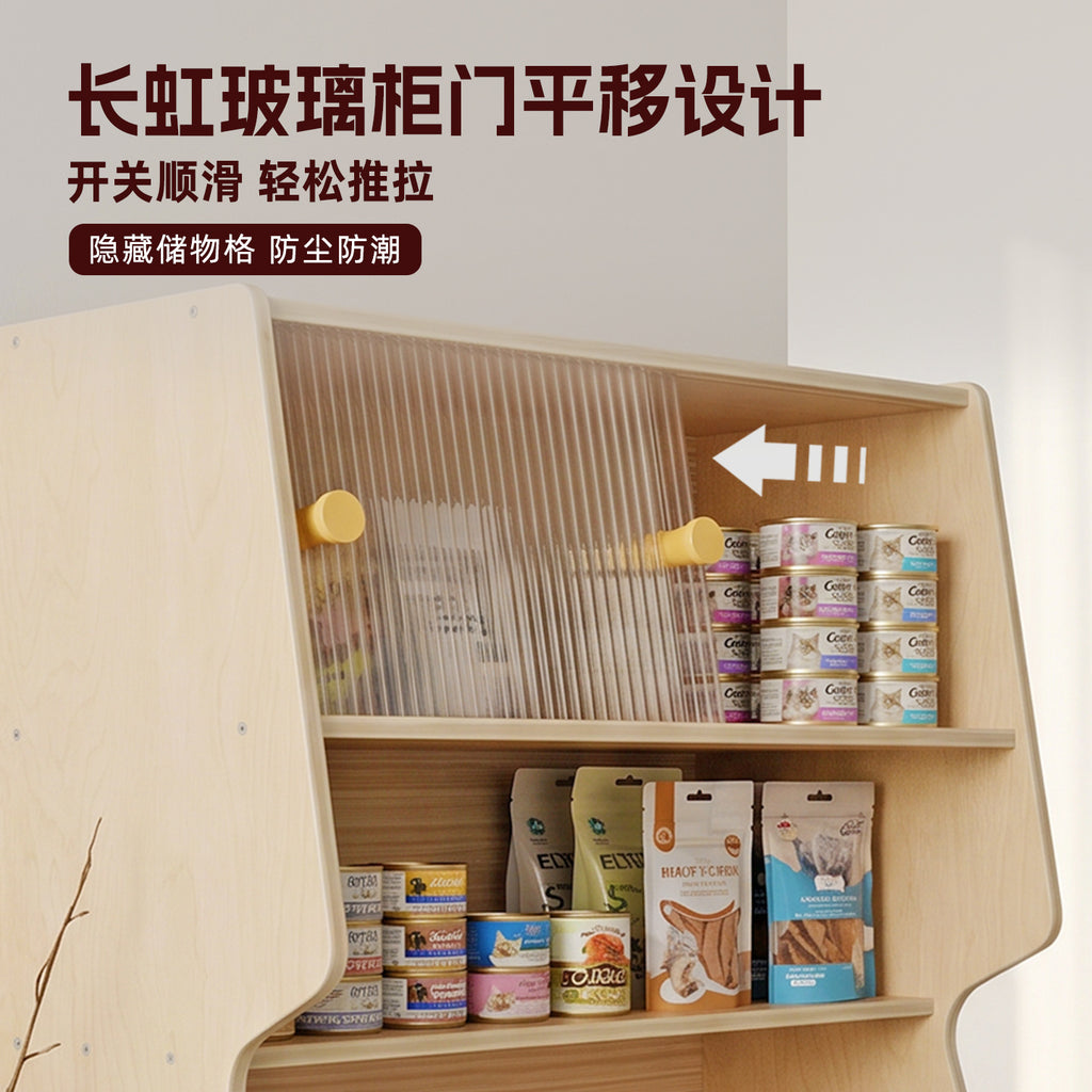 实木杨木多功能猫食柜储物柜人宠共用柜子Solid Poplar Wood Multifunctional Cat Feeding Cabinet and Storage Unit – Shared Cabinet for People and Pets