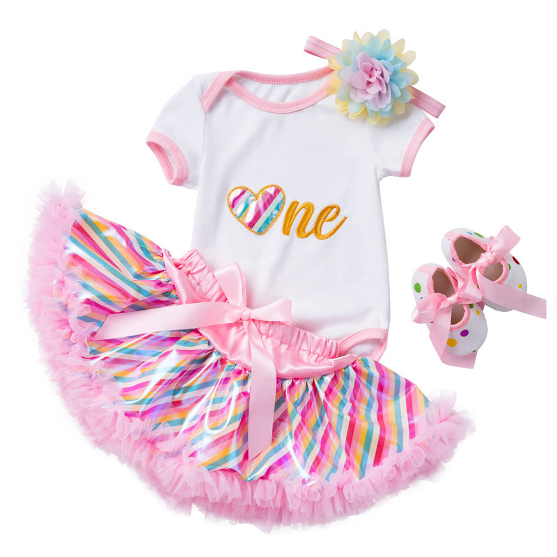 欧美宝宝生日套装婴儿周岁节日装夏季短袖绣花爬服公主裙套装Baby Birthday Outfit Set: 1st Birthday Outfit, Summer Short-Sleeve Embroidered Romper and Princess Dress Set