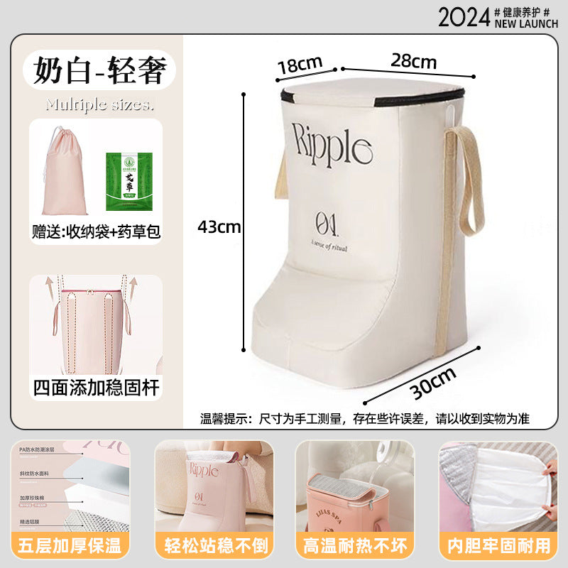 家用泡脚桶过小腿可折叠保温高深桶户外便携式过膝带提手泡脚袋Foldable, insulated, deep household foot bath bucket for above-the-calf use; portable outdoor foot bath bag with handles, reaching above the knee