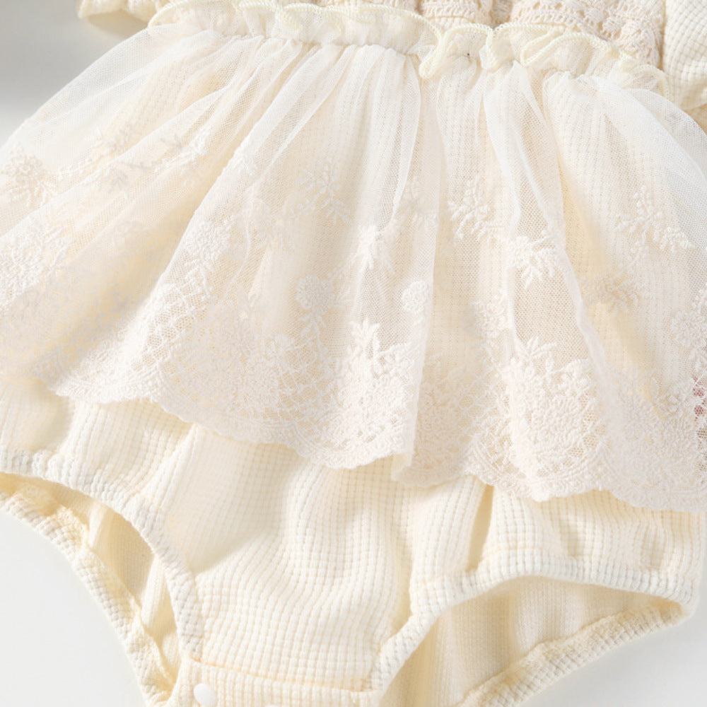 春秋女宝宝蕾丝长袖连体包屁衣花边领华夫格女童哈衣裙 Spring/Fall Girls' Lace Long-Sleeve Rompers with Lace Collar and Waffle-Patterned Dresses