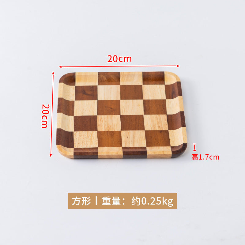 新款棋盘格木质托盘家用轻奢甜品面包西餐盘相思木质茶盘批发New Checkered Wooden Trays: Light Luxury Dessert, Bread and Western-Style Dinner Plates for Home Use; Acacia Wooden Tea Trays – Wholesale