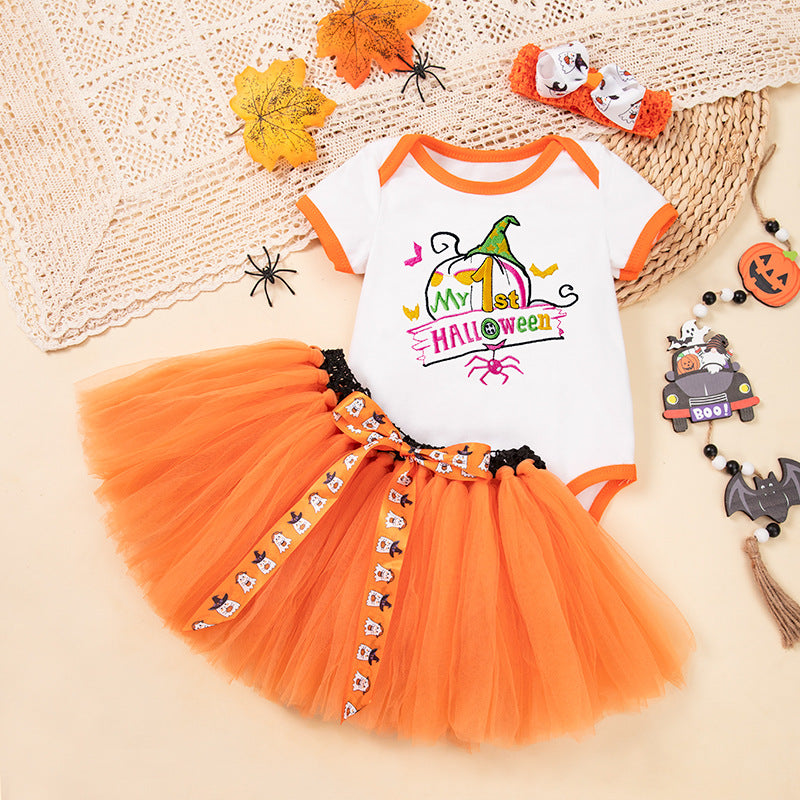 Halloween Costume: 100% Cotton Short-Sleeve Embroidered Witch Hat, Pumpkin Onesie, and Bow Handmade Skirt SetHalloween Costume: Short-Sleeve Embroidered Witch Hat, Pumpkin Onesie, and Bow Handmade Skirt Set