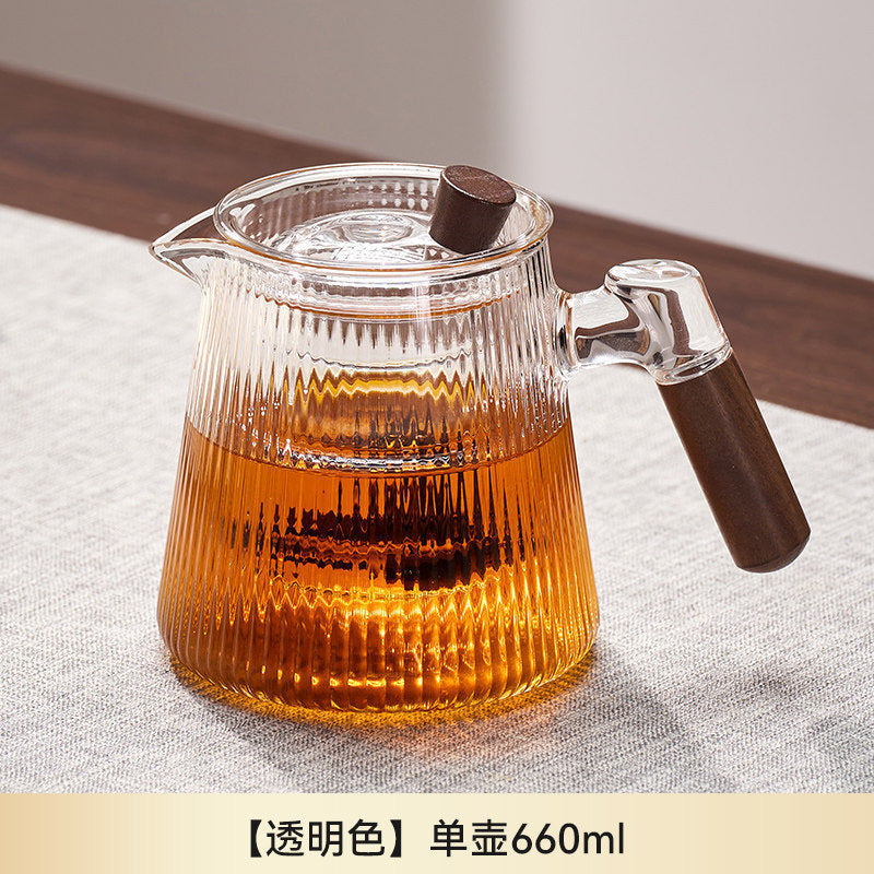 捷安玺竖纹玻璃茶壶新款家用待客木把煮茶壶高硼硅耐热玻璃泡茶壶Vertical-Striped Glass Teapot Home and Guest-Friendly Wooden-Handle Teapot, High-Borosilicate Heat-Resistant Glass Teapot