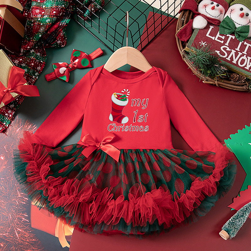 圣诞节秋冬女宝宝婴幼儿童长袖哈衣裙发饰两件套Christmas Fall/Winter Two-Piece Set for Baby Girls and Young Kids: Long-Sleeve Onesie Dress and Hair Accessory
