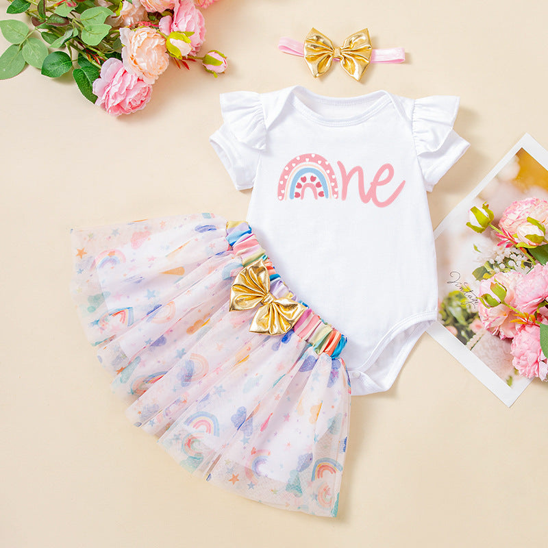 四季款宝宝节日派对套装荷叶边短袖哈衣彩虹半身裙发饰3件套All-Season Baby Holiday Party Set: Ruffled Short-Sleeve Onesie, Rainbow Skirt, and Hair Accessory—3-Piece Set