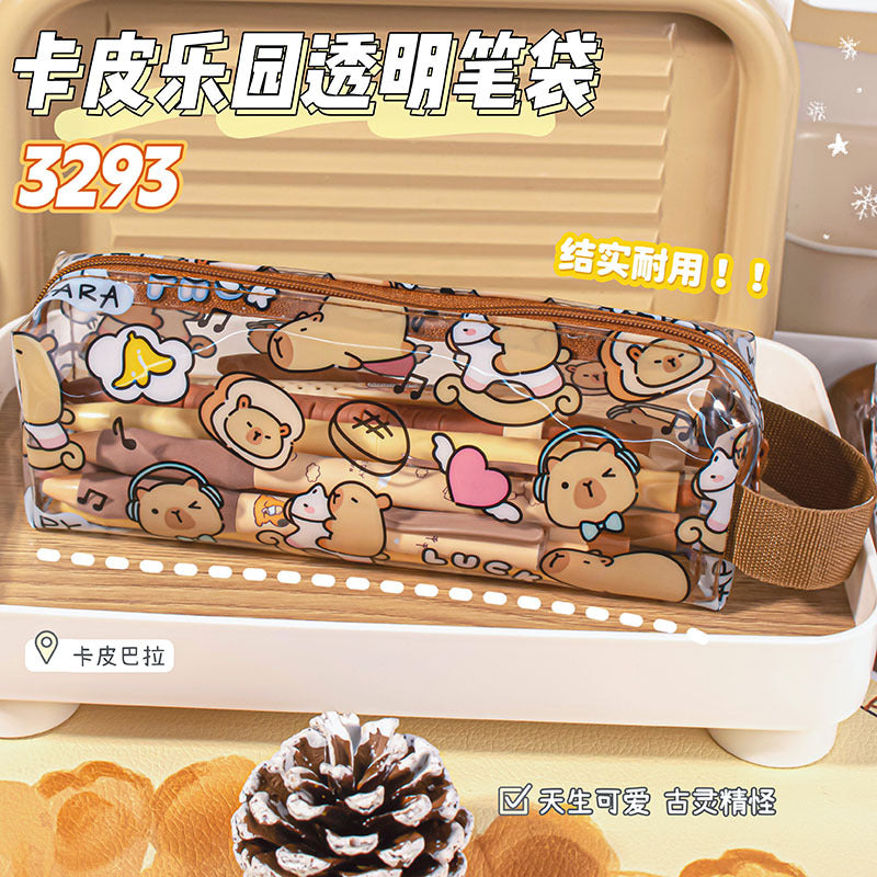 MOKA卡皮巴拉透明八角笔袋学生文具收纳包袋铅笔文具盒学生带提手MOKA Capybara Clear Octagonal Pencil Case, Student Stationery Storage Bag, Pencil Case with Handle