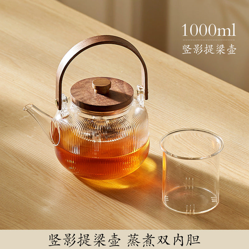 玻璃煮茶壶竖纹茶具套装电陶炉煮茶器下午围炉蒸泡白茶提梁烧水壶Glass Teapot with Vertical Stripes, Tea Set, Electric Ceramic Stove, Tea Maker, Afternoon Tea Set for Steaming and Brewing White Tea, Handle-Style Kettle